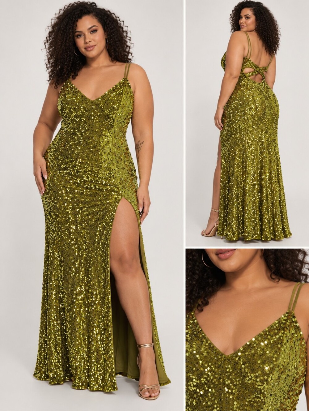 Fashion Nova Olive Green Sequin V-Neck Slit Gown